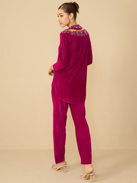 Embellished Halter Neck Velvet Top With Trousers Set