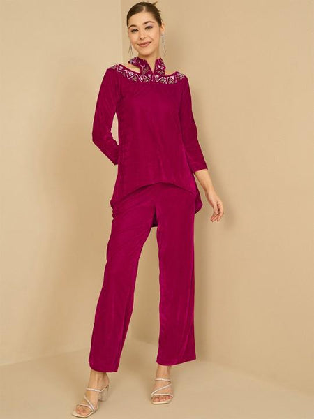 Embellished Halter Neck Velvet Top With Trousers Set