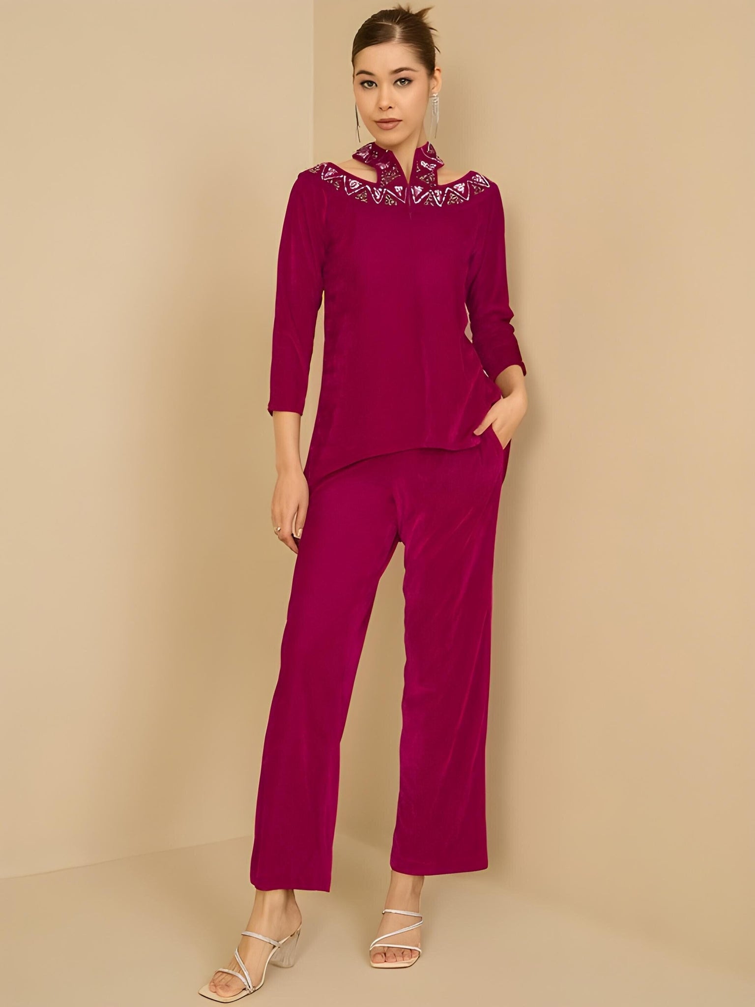 Embellished Halter Neck Velvet Top With Trousers Set
