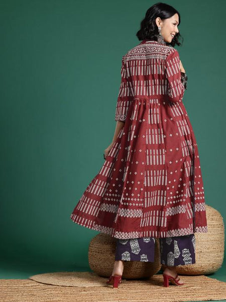 Printed Pure Cotton Crop Top With Palazzo and Shrug Indo Western Outfit