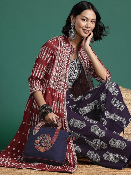 Printed Pure Cotton Crop Top With Palazzo and Shrug Indo Western Outfit