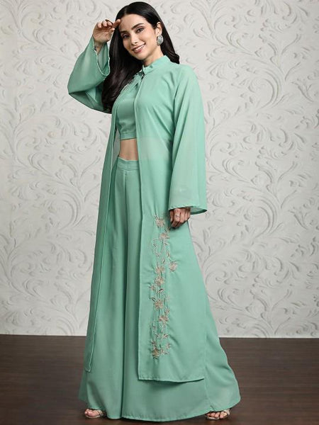 Crop Top & Palazzo With Embroidered Mandarin Collar Shrug Indo Western Outfit