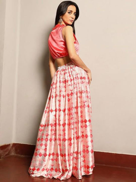 High Neck Crop Top With Skirt and Shrug Set | Lehenga Choli