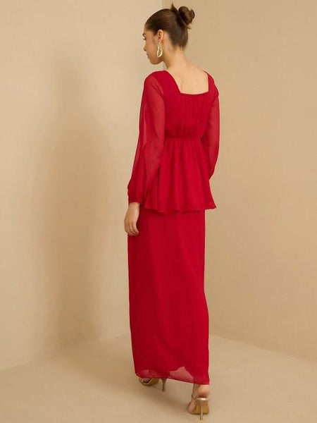 Red Embellished Square Neck Top With Drape Skirt Fusion Outfit Set