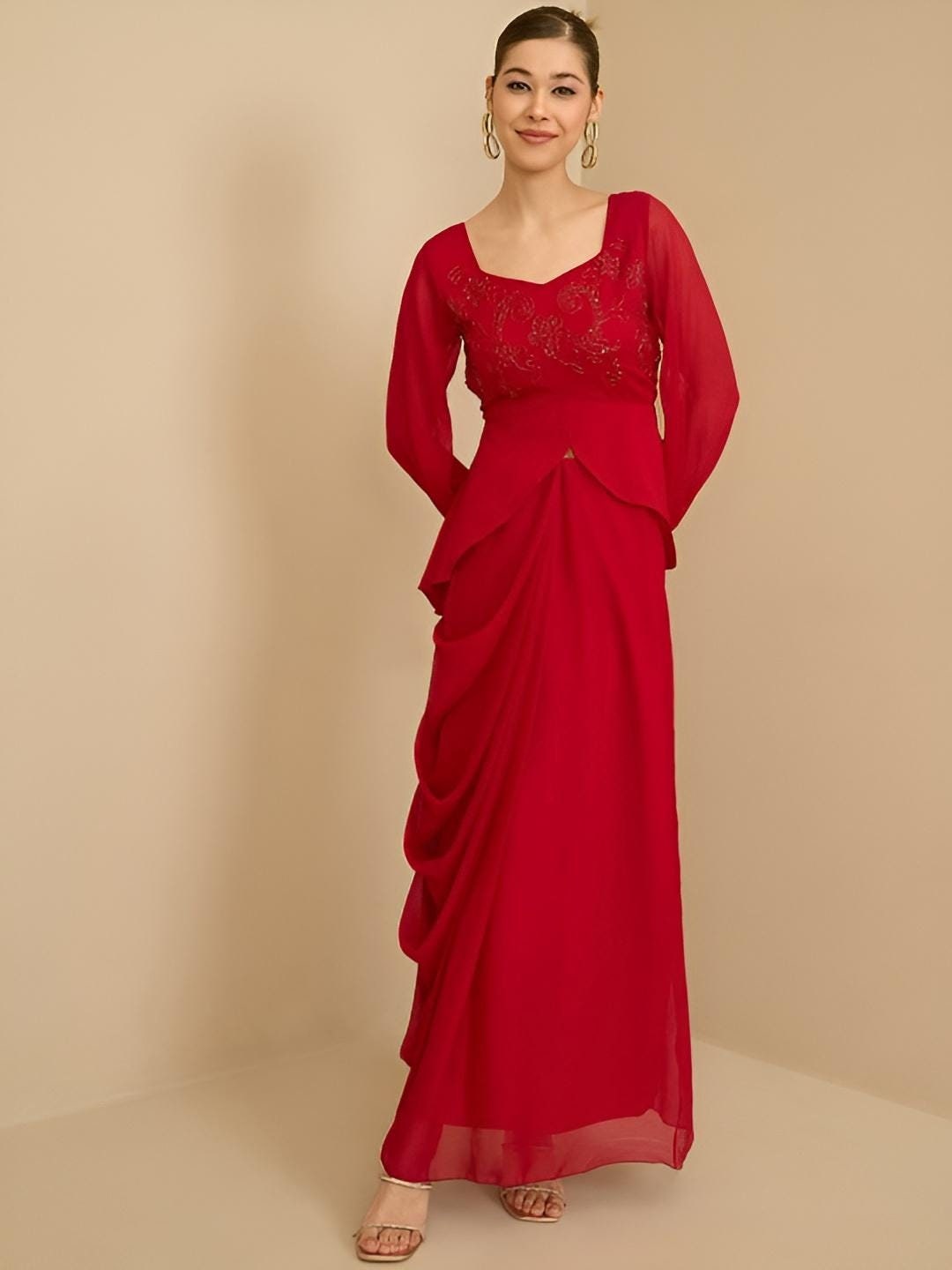 Red Embellished Square Neck Top With Drape Skirt Fusion Outfit Set