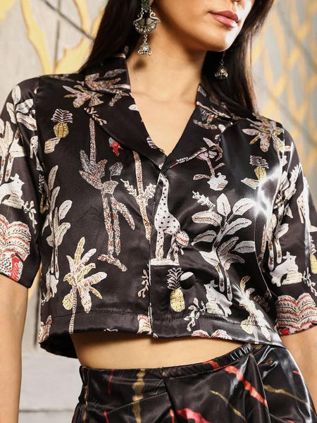 Printed Crop Top With Draped Skirt Fusion Set
