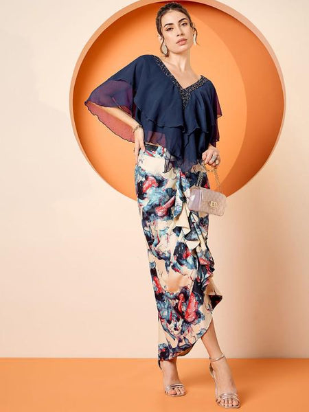 Navy Blue Embellished Crop Top & Draped Skirt Set