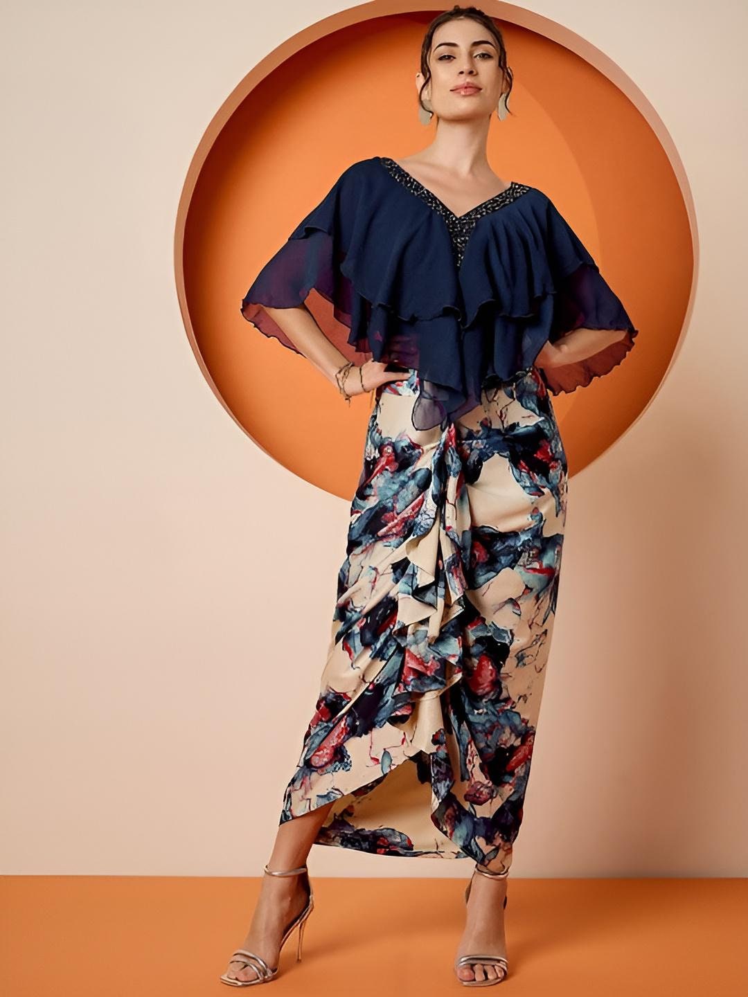 Navy Blue Embellished Crop Top & Draped Skirt Set