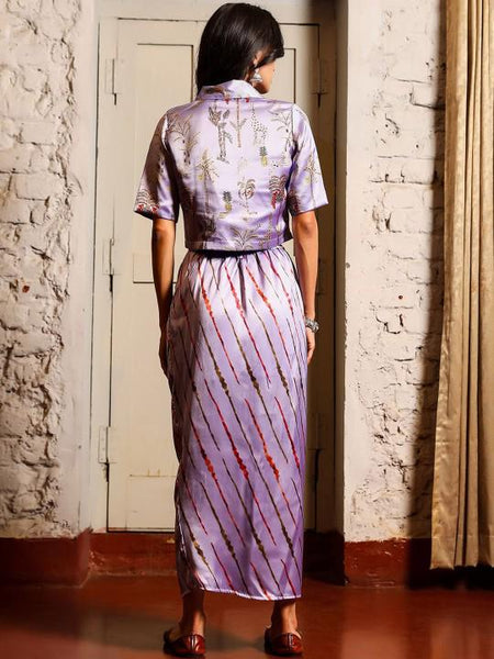 Printed Crop Top With Draped Skirt Fusion Outfit Set