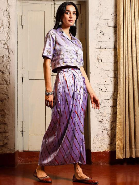 Printed Crop Top With Draped Skirt Fusion Outfit Set