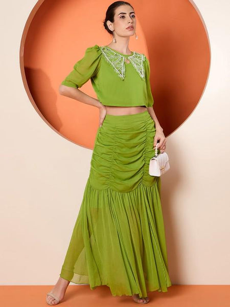 Embellished Crop Top & Draped Skirt Coord Set