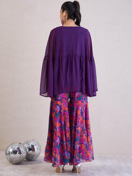 Purple Embellished Top With Sharara Fusion Outfit Set