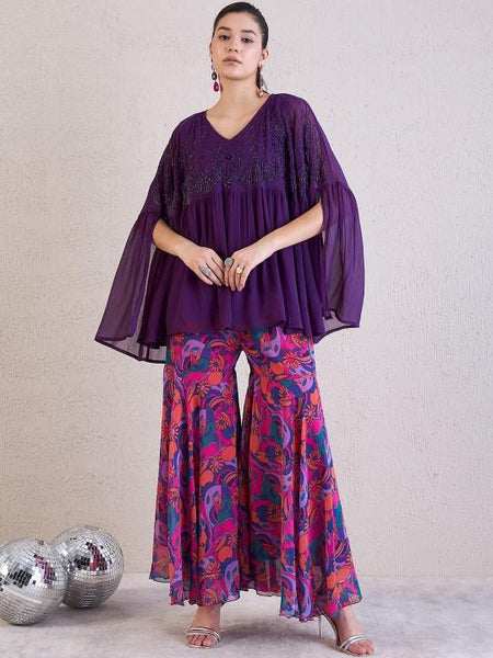Purple Embellished Top With Sharara Fusion Outfit Set
