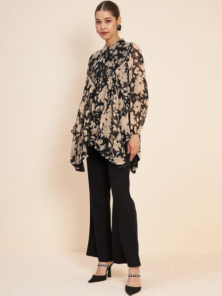 Embellished Printed Asymmetric Top With Palazzo Fusion Set