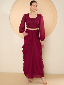 Embellished Crop Top With Draped Skirt Indo Western Set