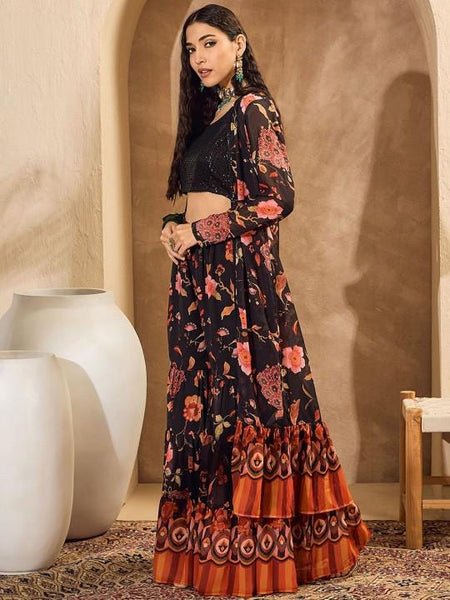 Embellished Crop Top With Sharara & Shrug Fusion Indo Western Outfit Set
