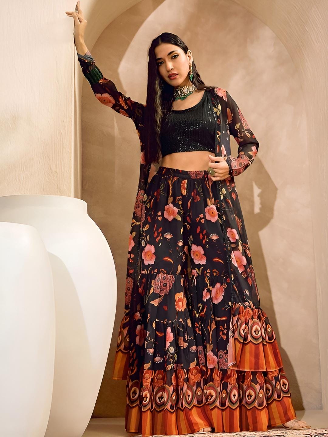 Embellished Crop Top With Sharara & Shrug Fusion Indo Western Outfit Set