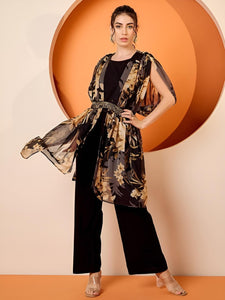 Floral Embellished Cape Top With Palazzo Indo Western Set