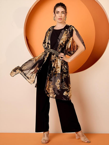 Floral Embellished Cape Top With Palazzo Indo Western Set