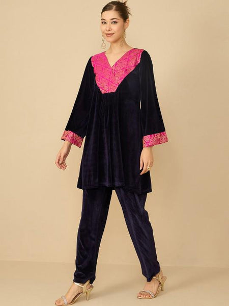 V-neck Brocade And Velvet Tunic With Trousers Set