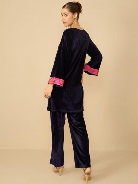 V-neck Brocade And Velvet Tunic With Trousers Set