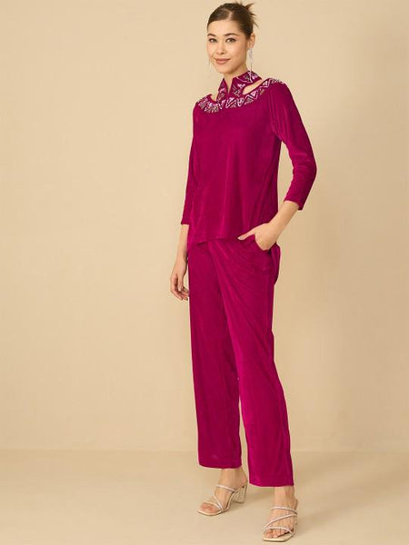 Embellished Halter Neck Velvet Top With Trousers Set