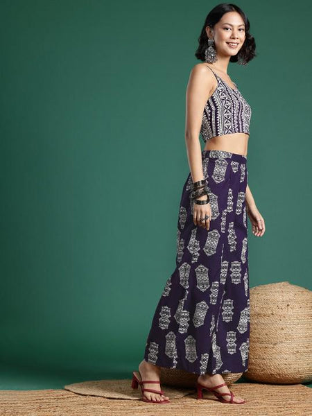 Printed Pure Cotton Crop Top With Palazzo and Shrug Indo Western Outfit