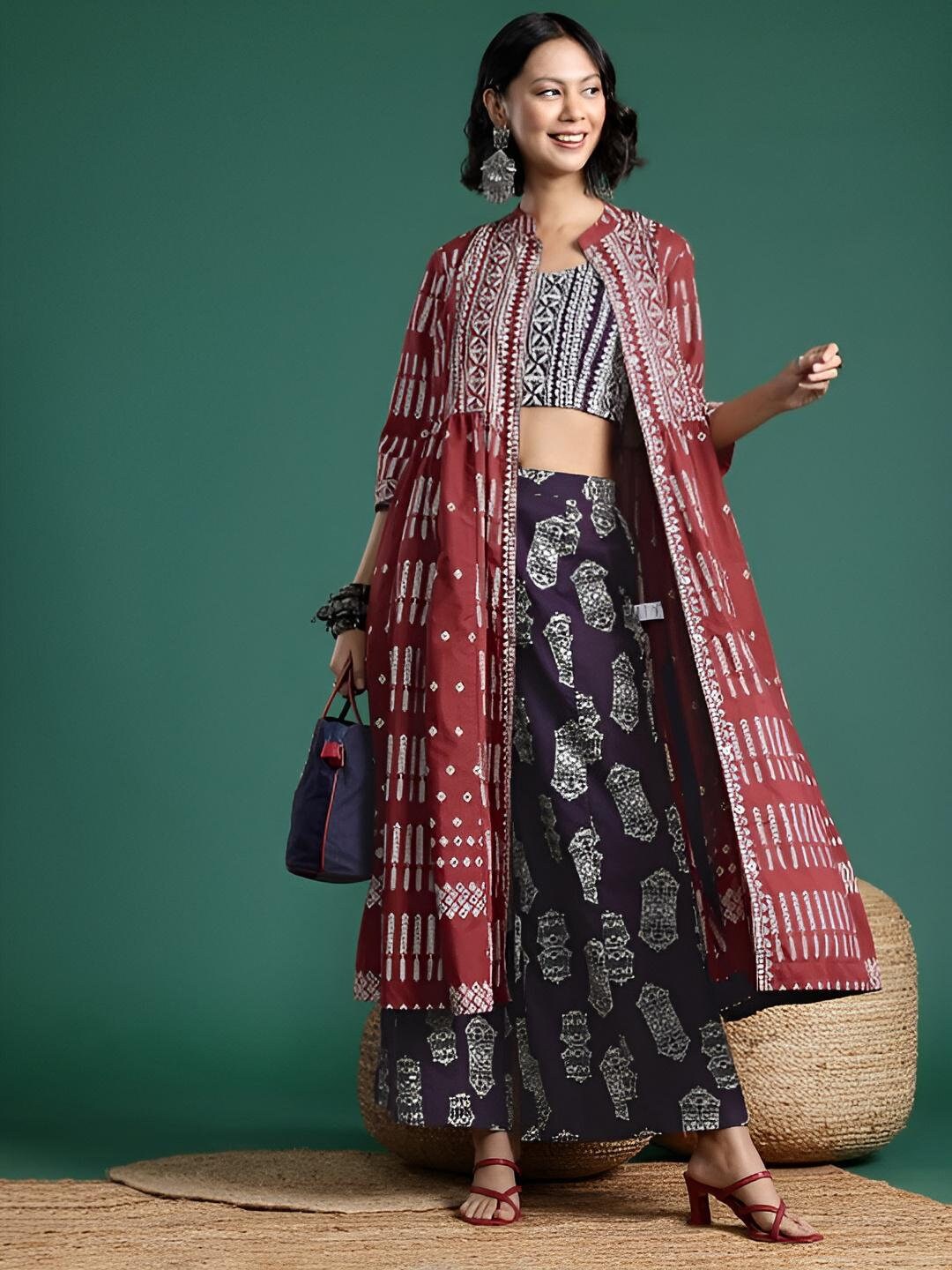 Printed Pure Cotton Crop Top With Palazzo and Shrug Indo Western Outfit