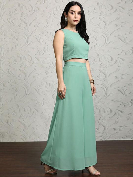 Crop Top & Palazzo With Embroidered Mandarin Collar Shrug Indo Western Outfit