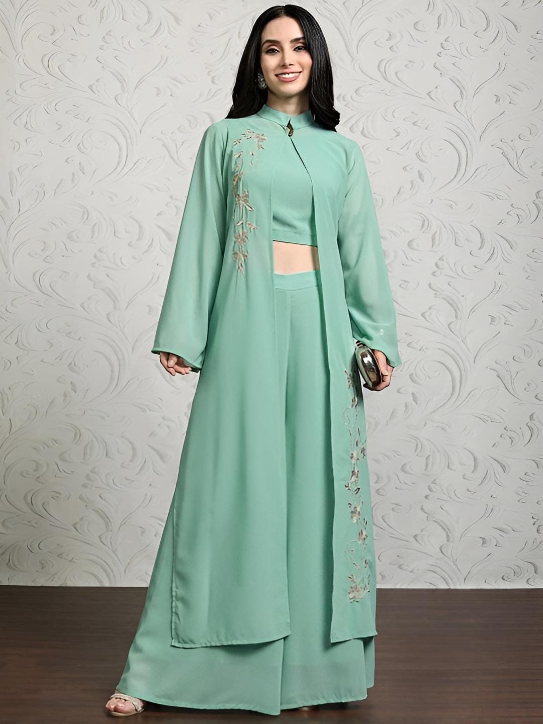 Crop Top & Palazzo With Embroidered Mandarin Collar Shrug Indo Western Outfit