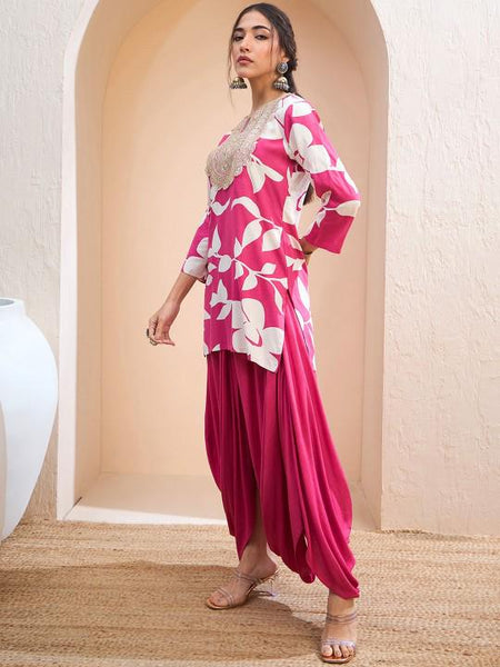 Floral Embroidered Patchwork Kurti With Dhoti Pants Set