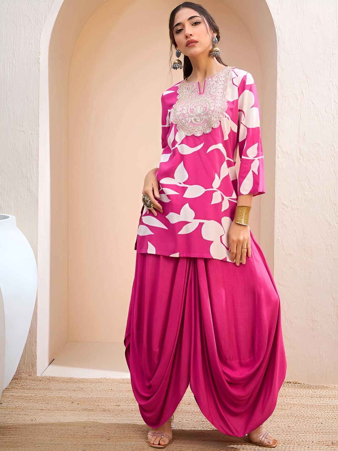 Floral Embroidered Patchwork Kurti With Dhoti Pants Set