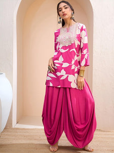Floral Embroidered Patchwork Kurti With Dhoti Pants Set