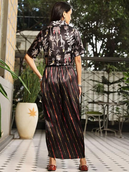 Printed Crop Top With Draped Skirt Fusion Set