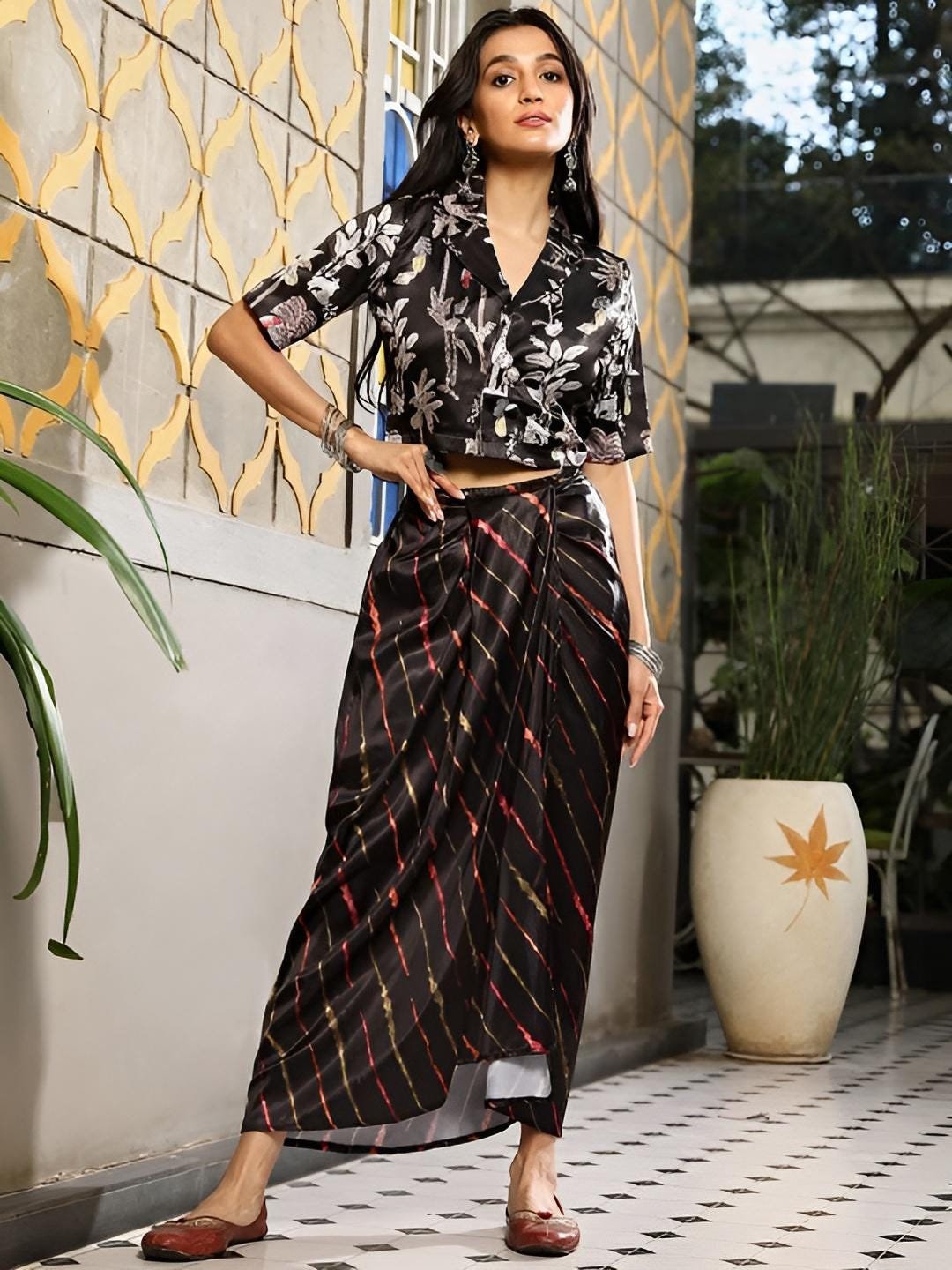 Printed Crop Top With Draped Skirt Fusion Set