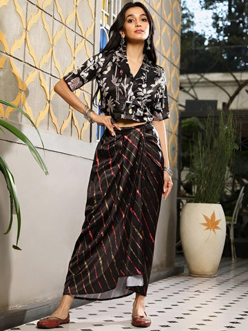 Printed Crop Top With Draped Skirt Fusion Set