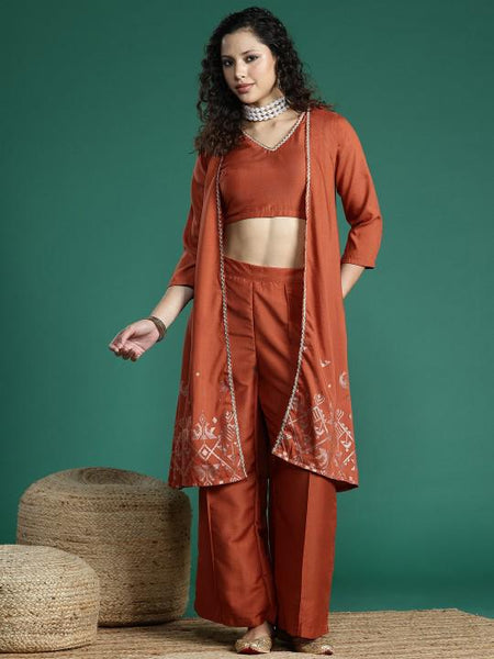 Printed Crop Top With Palazzo and Shrug Indo Western Set