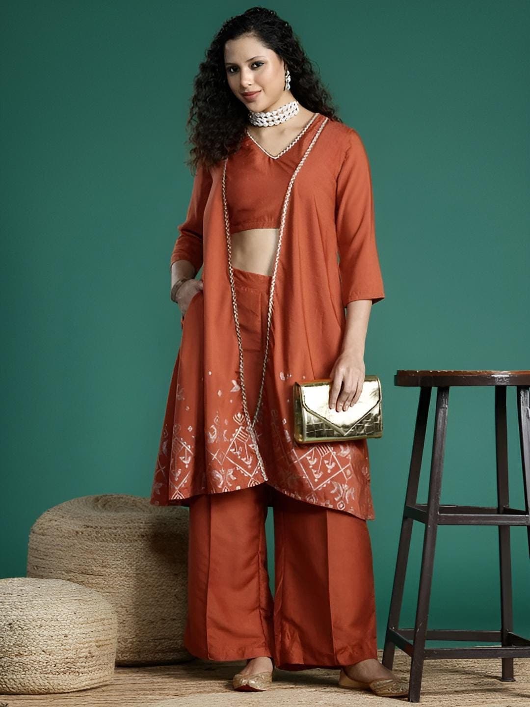 Printed Crop Top With Palazzo and Shrug Indo Western Set