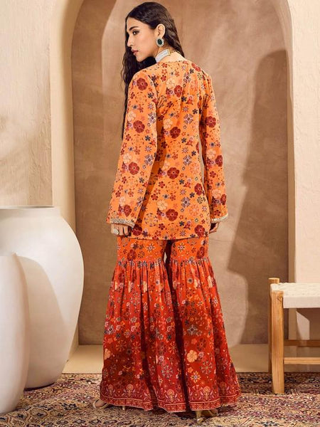 Long Sleeves Floral Printed Anarkali Kurta with Sharara For Women, Co-Ords Set, Indo Western Coord Set, Ethnic Indian Dress, Kurti Set2 VitansEthnics