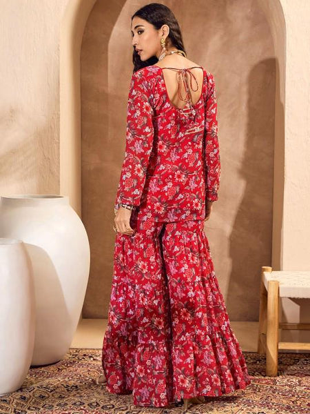 Long Sleeves Floral Printed Kurta with Sharara For Women, Co-Ords Set, Indo Western Outfit, Ethnic Indian Dress, Fusion Kurti Suit Set7 VitansEthnics