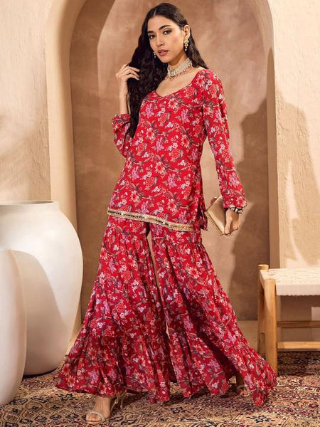 Long Sleeves Floral Printed Kurta with Sharara For Women, Co-Ords Set, Indo Western Outfit, Ethnic Indian Dress, Fusion Kurti Suit Set7 VitansEthnics