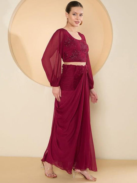 Embellished Crop Top With Draped Skirt Indo Western Set