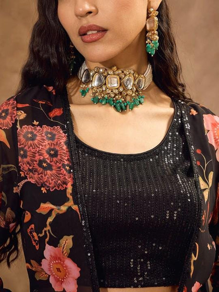 Embellished Crop Top With Sharara & Shrug Fusion Indo Western Outfit Set
