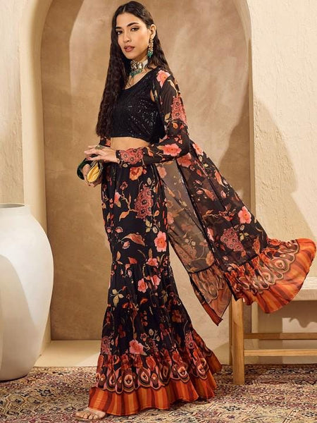 Embellished Crop Top With Sharara & Shrug Fusion Indo Western Outfit Set