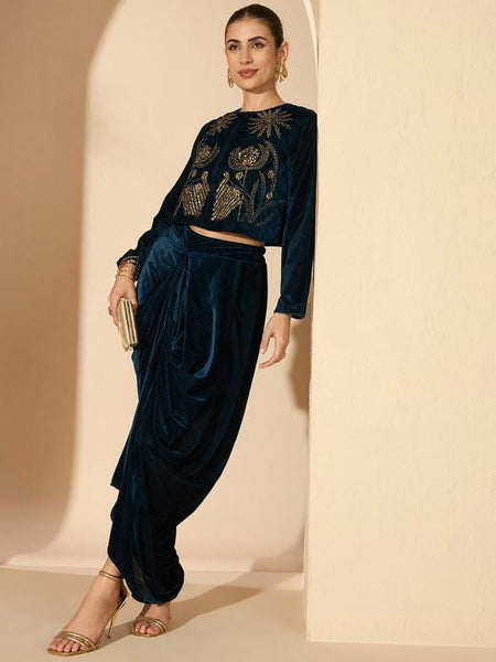 Teal Embellished Jacket With Draped Skirt Set For Women, Indian Jacket with Dhoti Skirt Set, Ethnic Indo Western Outfit, Fusion Co ord Set6 VitansEthnics