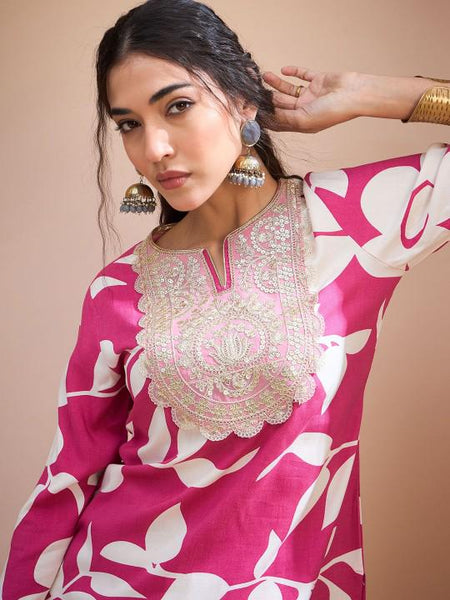 Floral Embroidered Patchwork Kurti With Dhoti Pants Set