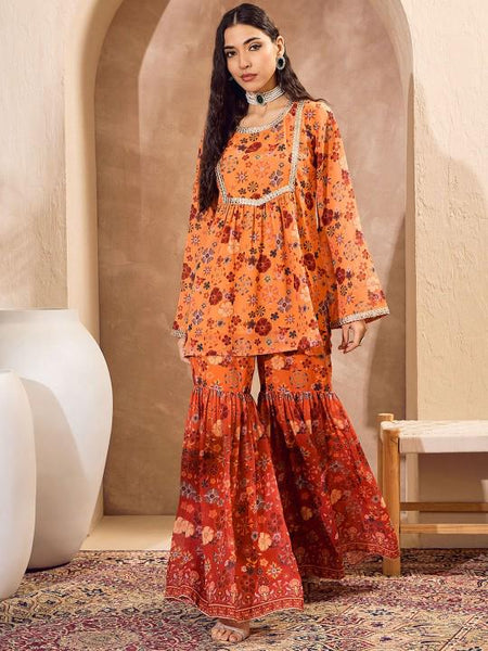 Long Sleeves Floral Printed Anarkali Kurta with Sharara For Women, Co-Ords Set, Indo Western Coord Set, Ethnic Indian Dress, Kurti Set2 VitansEthnics
