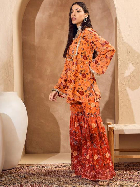 Long Sleeves Floral Printed Anarkali Kurta with Sharara For Women, Co-Ords Set, Indo Western Coord Set, Ethnic Indian Dress, Kurti Set2 VitansEthnics