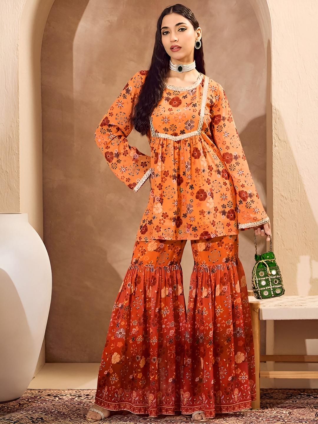 Long Sleeves Floral Printed Anarkali Kurta with Sharara For Women, Co-Ords Set, Indo Western Coord Set, Ethnic Indian Dress, Kurti Set2 VitansEthnics
