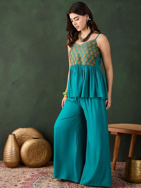 Woven Designed Sleeveless Top With Palazzo Coord for Women, Fusion Festive Outfit, Ethnic Indian Dress, Indo Western Outfit, Kurta Set3 VitansEthnics